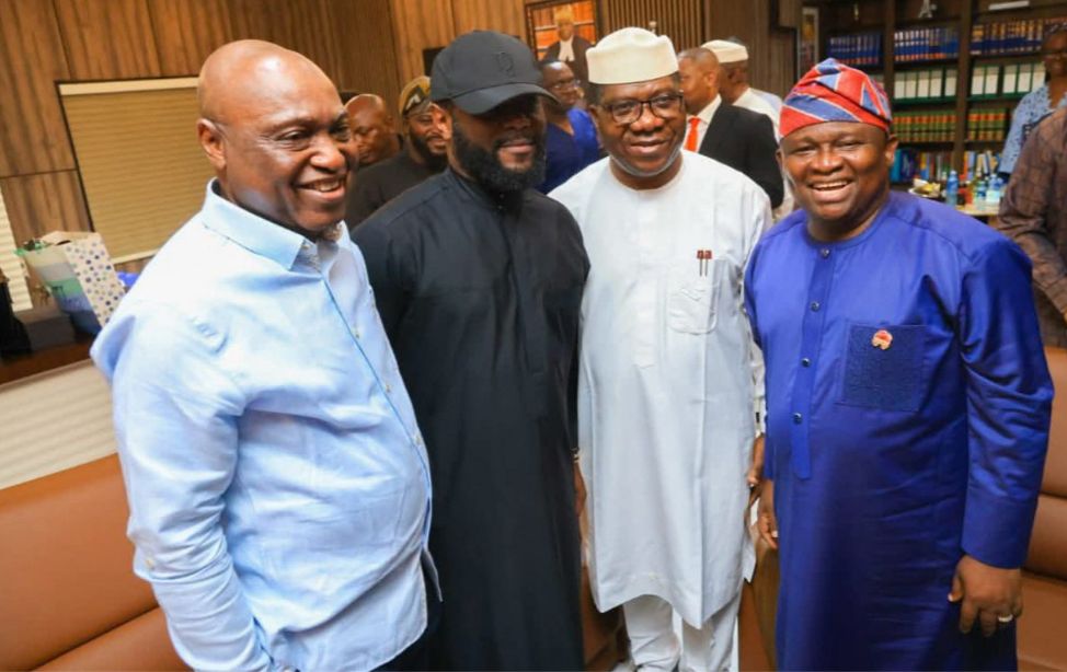Senator Adeola with Governor Abayomi Oyebanji of Ekiti State, Mr. Seyi Tinubu, and Senate Leader Senator Opeyemi Bamidele at a public event.