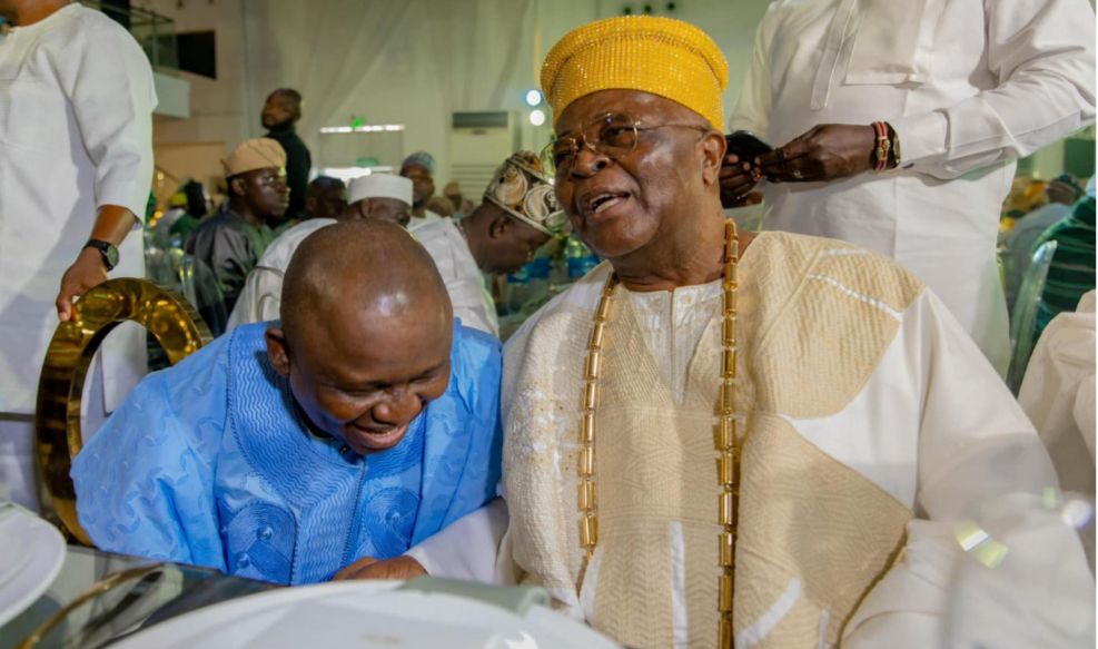 Senator Adeola and His Royal Majesty, Oba Adedotun Aremu Gbadebo III, the Alake and Paramount Ruler of Egbaland.